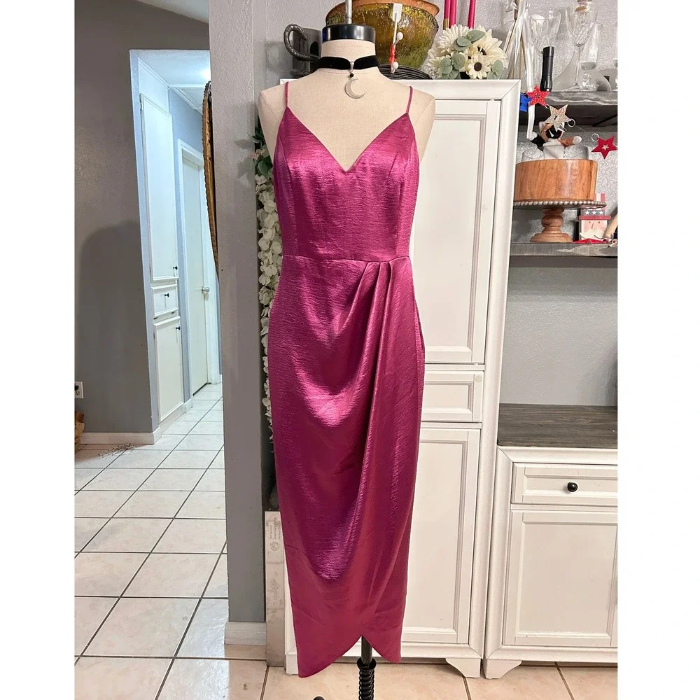 Magenta Pink Satin Wrap Front Maxi Dress Formal Party MEDIUM